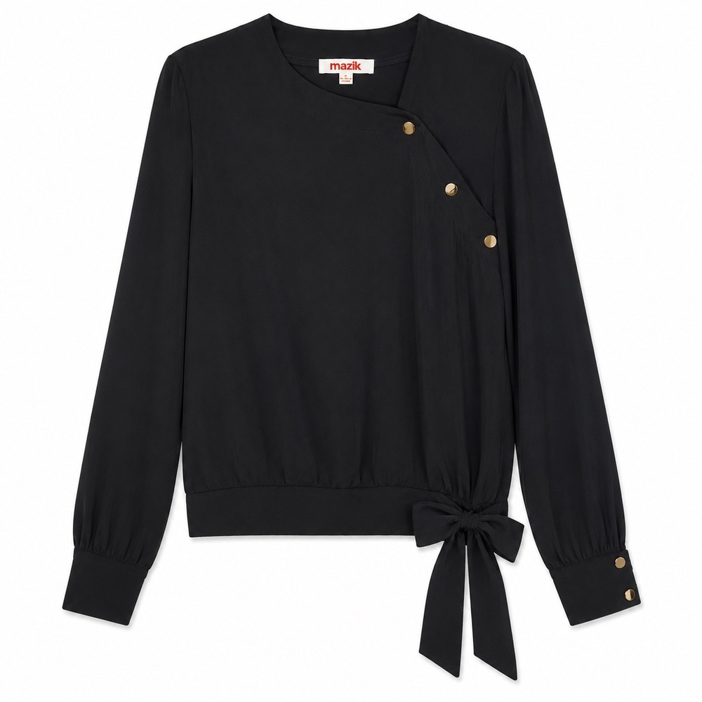 Mazik Black Blouse‎ Gold Snap Shoulder Tie Hem Top Small